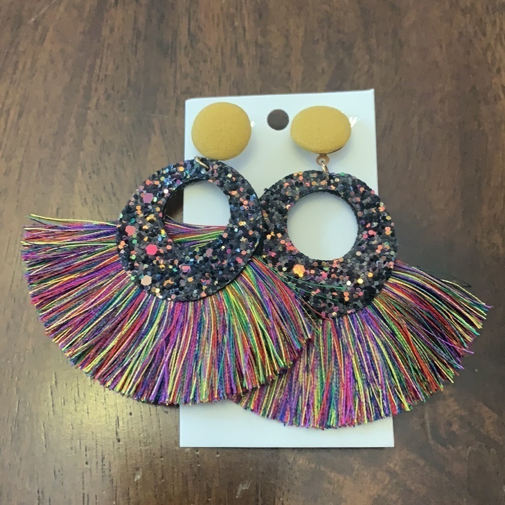 Multicolored Rainbow Boho Glitter Tassel Statement Earrings - Picture 5 of 7